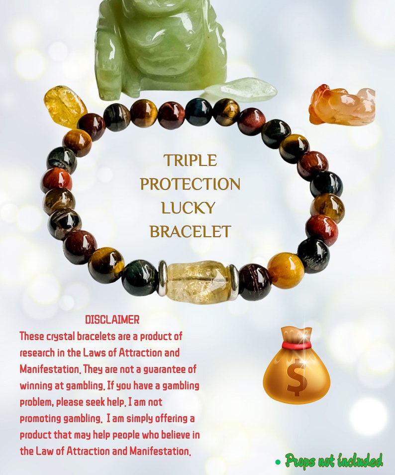K&ouml;nnte beinhalten: Dreifacher Schutz Gl&uuml;cksarmband aus roten, braunen, gelben und schwarzen Perlen. Das Armband ist aus nat&uuml;rlichen Steinen gefertigt und hat einen silbernen Anh&auml;nger. Der Text "Dreifacher Schutz Gl&uuml;cksarmband" ist in wei&szlig;en Buchstaben auf braunem Hintergrund geschrieben. Der Text "Haftungsausschluss" ist in wei&szlig;en Buchstaben auf schwarzem Hintergrund geschrieben. Der Text "Diese Kristall-Armb&auml;nder sind ein Produkt der Forschung in den Gesetzen der Anziehung und Manifestation. Sie sind keine Garantie f&uuml;r das Gewinnen beim Gl&uuml;cksspiel. Wenn Sie ein Gl&uuml;cksspielproblem haben, suchen Sie bitte Hilfe. Ich werbe nicht f&uuml;r Gl&uuml;cksspiele. Ich biete einfach ein Produkt an, das Menschen helfen kann, die an das Gesetz der Anziehung und Manifestation glauben." ist in wei&szlig;en Buchstaben auf schwarzem Hintergrund geschrieben. Ein goldener Geldbeutel mit einem Dollarzeichen befindet sich in der rechten unteren Ecke des Bildes. Der Text "Requisiten nicht enthalten" ist in wei&szlig;en Buchstaben auf schwarzem Hintergrund geschrieben.