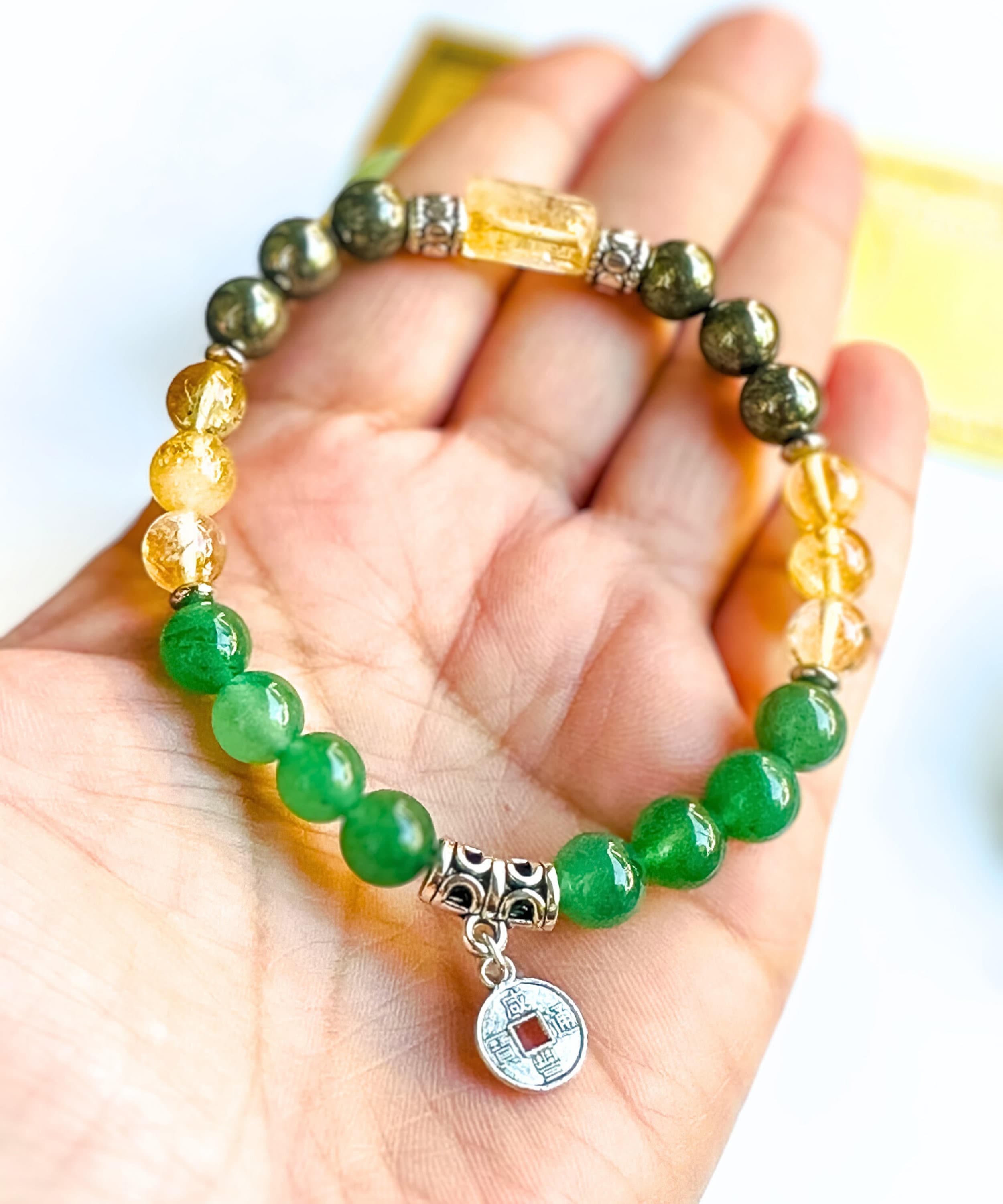 Bohemian Green Aventurine Gemstone Silver Buddha Charm  Bohemian green aventurine gold coin charm bracelet main image 2