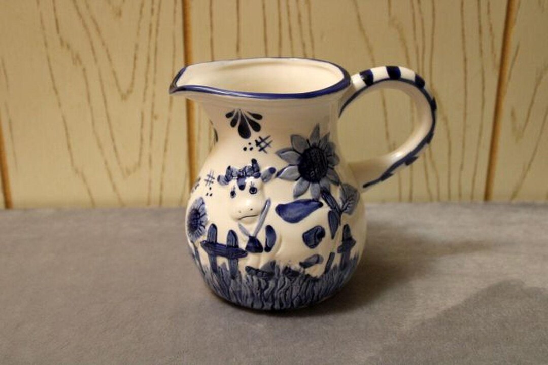 Blue Delft Deco Handpainted Blue & White Pitcher With Cow and Windmill ...