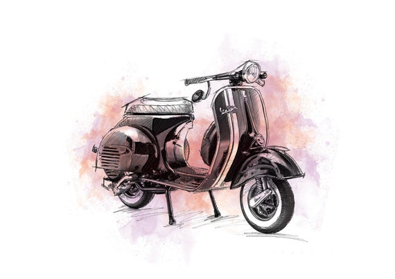 Classic Vespa Art Print Scooter Illustration Scooter Etsy