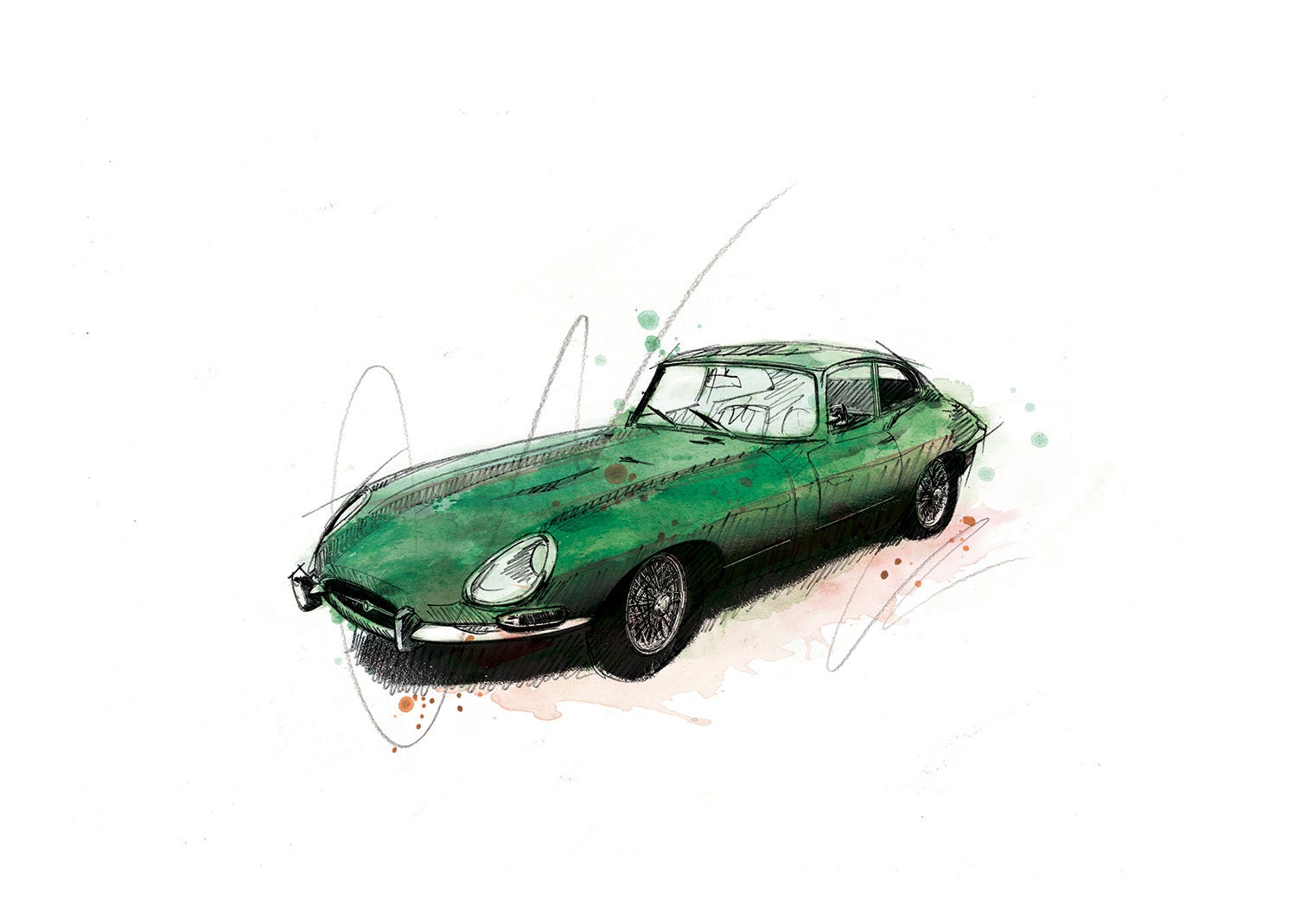 Jaguar E type Classic Car Art Print Illustration Drawing | Etsy