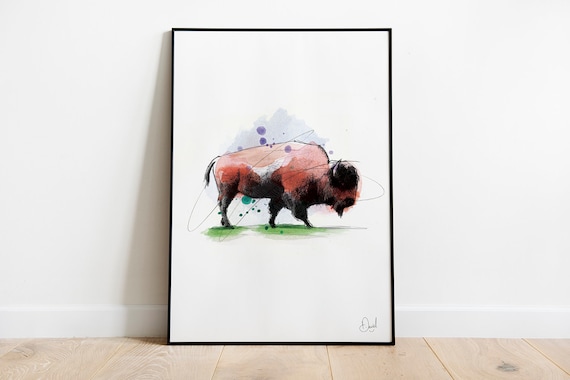 American Bison Watercolor Print Portrait Orientation Western Art Animal Painting Buffalo Ranch