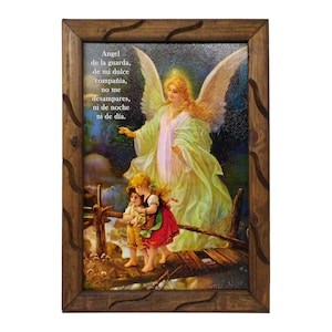 Guardian Angel - Catholic Image, Similar to an Oil Painting - 18&quot; Rustic Frame  | Angel de La Guarda, Imagen Catolica, Cuadro Rustico