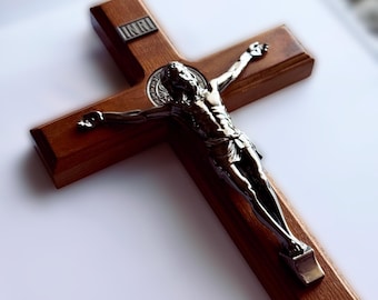 Saint Benedict Wooden Cross - Catholic Home Decor, Size 4" - 16" Available | Crucifijo, Moneda San Benito, Cruz Catolica