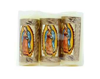 Paschal Candle 3 Pack with Our Lady of Guadalupe Image Cirio Pascual 3 inches tall
