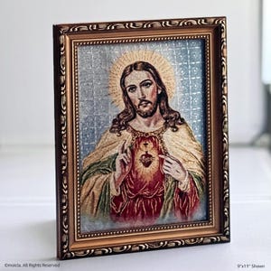 Sacred Heart of Jesus  Framed Tapestry Image 9×11 Catholic Decor