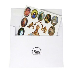 May include: A white envelope with a printed image of a religious icon and the text "Value Max" on the front.