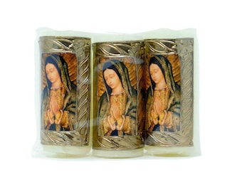 Paschal Candle 3 Pack with Our Lady of Guadalupe Image Cirio Pascual 3 inches tall
