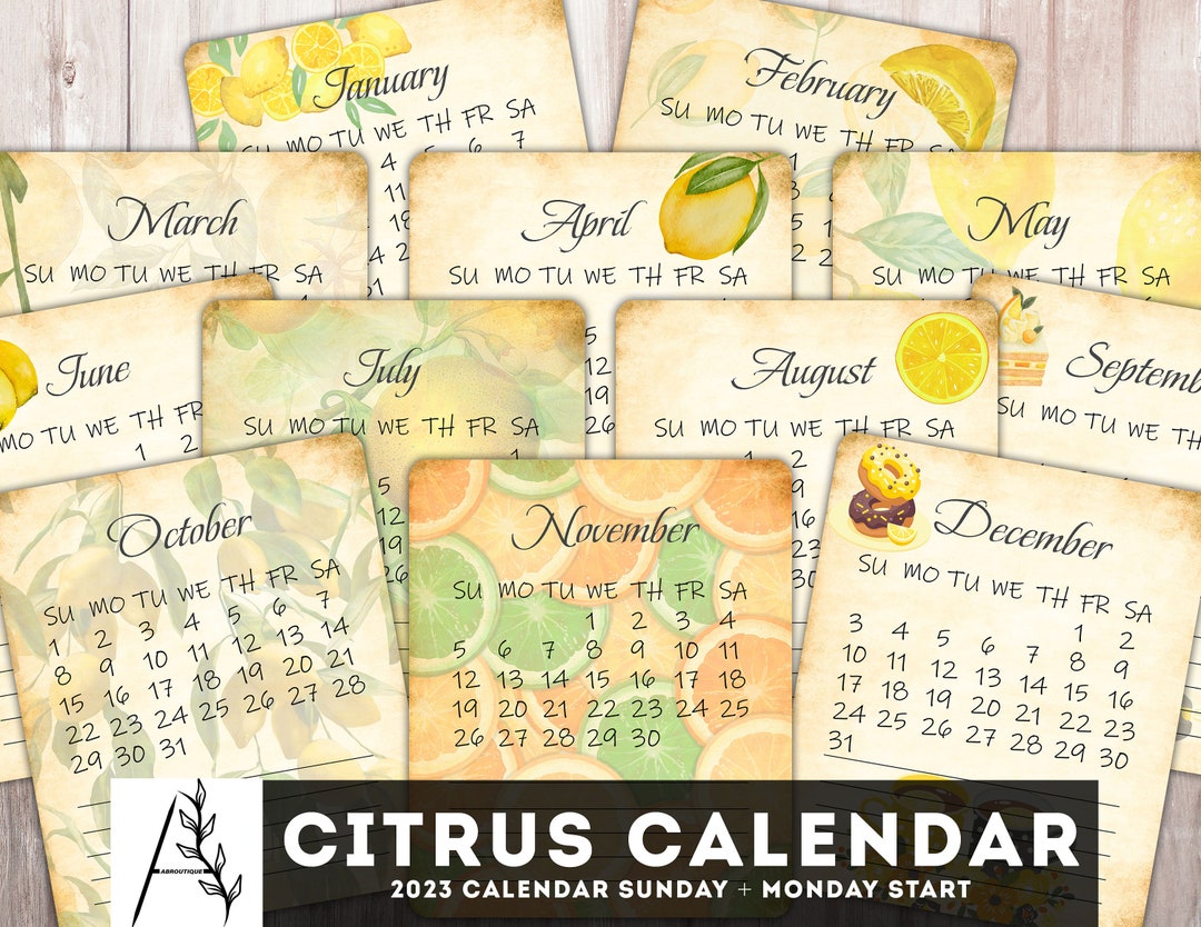 Citrus Calendar 2023, Printable Calendar 2023, Junk Journal Calendar