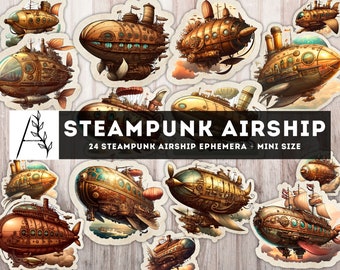 Steampunk Airship, Steampunk Printable Junk Journal Kit, Steampunk Dirigible Ephemera, Fussy Cut, Digital Instant Download files JPG PDF