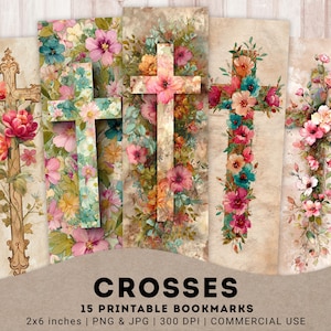 May include: Five floral cross bookmarks, each featuring colourful flowers in pink, orange, blue, and green. The text "CROSSES" and "15 PRINTABLE BOOKMARKS" is visible at the bottom. Each bookmark measures approximately 5 x 15 cm.