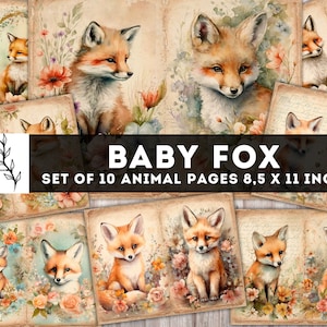 Kit per diario "Baby Fox Junk", carta vintage a forma di volpe, pagine per diario digitale, pagine con animali in stile shabby chic, materiali per diario "junk", download digitale