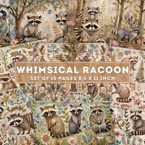 Whimsical Racoon Collage, Junk Journal, Racoon Pages, forest, flowers, trees, plants, Decoupage Paper, Scrapbooking, Digital Download