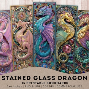 May include: Five colorful stained glass dragon bookmarks. Each bookmark features a detailed dragon design in shades of pink, gold, teal, and purple. The bookmarks are 2x6 inches and have the text "STAINED GLASS DRAGON" at the bottom.
