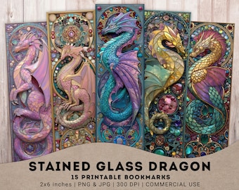 Stained Glass Dragon 15 PNG + 3 JPG Ready to Print Bookmarks, Elegant Dragon Printable book accessories, Digital Bookmark, Instant download