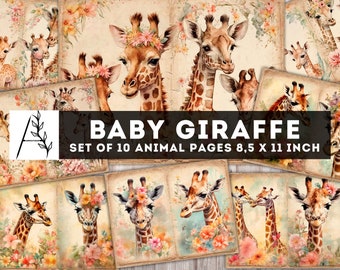 Kit de journal indésirable bébé girafe, papier girafe vintage, Pages de journalisation numérique, Pages d'animaux Shabby Chic, fournitures de journal indésirable, Télécharger