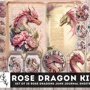 Junk Journal Kit, Rose Dragon Junk Journal, Dragons Ephemera, Fussy cuts, Clock, Dragons Envelope & pockets, Instant Download