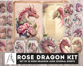 Rose Dragon Junk Journal Kit, Ephemera, Fussy Cuts (Digital Download)
