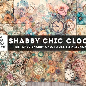 Reloj shabby chic, paquete de papel con esfera de reloj floral, kit de diario basura shabby chic, acuarela, hoja de collage de páginas digitales, descarga instantánea