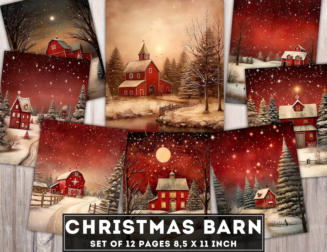 Christmas Barn Paper, Junk Journal Digital Kit, Red House, Winter Barn
