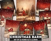 Christmas Barn Paper, Junk Journal digital kit, Red House, Winter barn, Christmas night in the forest, Xmas Decoration Pages, Download