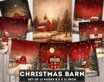 Christmas Barn Paper, Junk Journal digital kit, Red House, Winter barn, Christmas night in the forest, Xmas Decoration Pages, Download