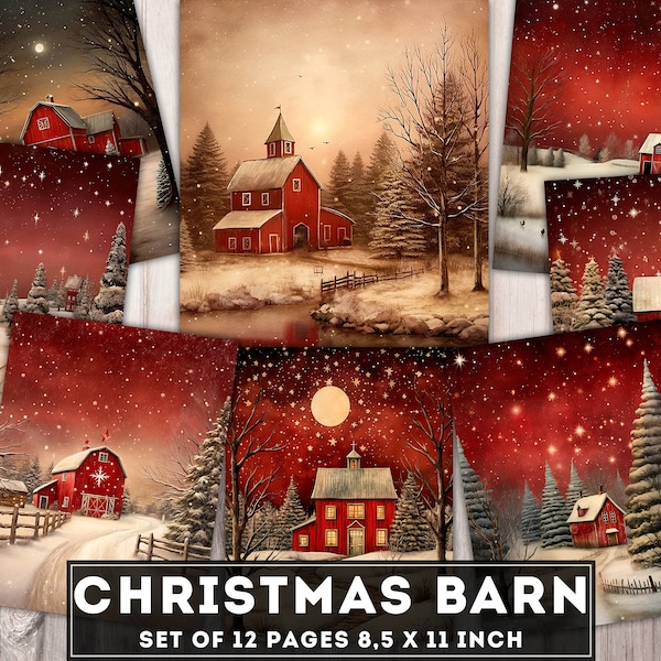 Christmas Barn Paper, Junk Journal digital kit, Red House, Winter barn, Christmas night in the forest, Xmas Decoration Pages, Download