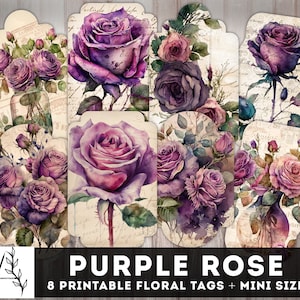 Purple Roses Tags, Floral Journaling Labels, Junk Journal Tags, Flowers Printable Inserts, Rose Ephemera, Garden Tags, Junk journal Supplies