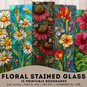 Floral Stained Glass 15 PNG + 3 JPG bereit zum Drucken von Lesezeichen, druckbare Blumen Lesezeichen, Leseliebhaber, digitales Lesezeichen, sofortiger Download