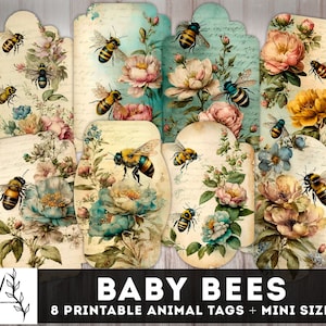 Baby Bees Junk Journal Tags, Vintage Bees Tag, Journaling Labels, Printable Inserts, Shabby chic Ephemera, Junk journal Supplies, Download