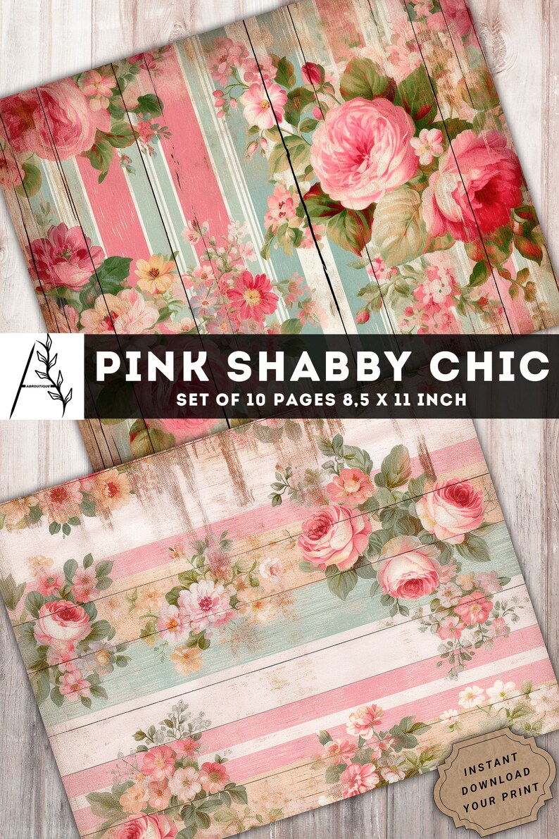 Pink Shabby Chic Junk Journal Kit, Shabby Chic Paper, 10 JPG Digital ...