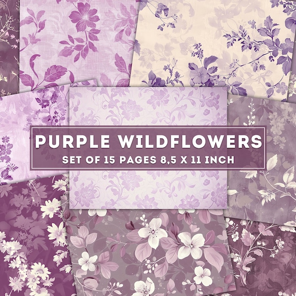 Purple Wildflowers Digital Paper, Watercolor Scrapbook Papers, Junk Journal kit, Digital Background, Printable Paper Set, Floral Leaves