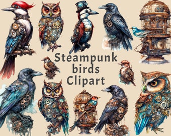 Steampunk Birds Clipart, 12 PNG Mechanical Birds Bundle, Steampunk Junk Journal digital kit, Industrial Ephemera, Paper collage sheets