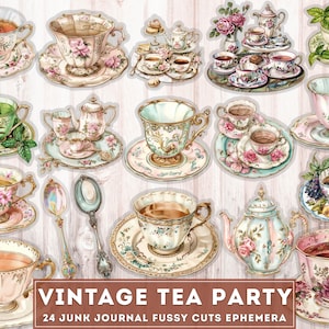 Vintage Tea Party Ephemera Fussy Cuts, Pacote de 24 PNG Clipart + JPG, Imprimíveis de Junk Journal, xícara, colher, bule de chá, ilustração digital