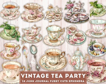 Vintage Tea Party Ephemera Fussy Cuts, 24 PNG Clipart Bundle + JPG, Junk Journal Printables, cup, spoon, teapot, digital illustration