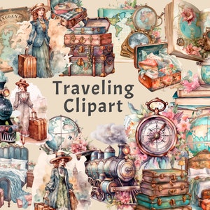 Reisen Clipart, 19 PNG Reise Bundle, Junk Journal Printables, Mädchen Reisende, Globus, Kompass, Uhr, Koffer, Zug, Karte, Download