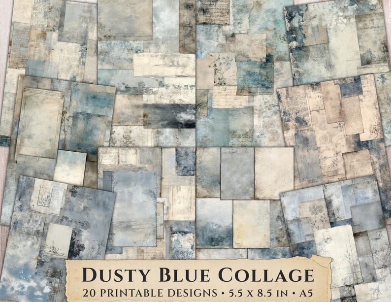 Blue Collage Form Dusty Blue Collage Printable Paper, Soft Grunge Junk Journal Background ...