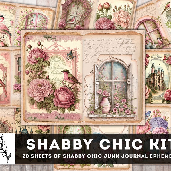 Junk Journal Kit, Shabby Chic Junk Journal, Rose Shabby Chic Printable, Clocks, Tickets, Fussy Cut, Envelopes & Pockets, Instant Download