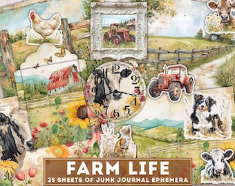 Farm Junk Journal Kit, Farm Life, Farm Animals, Printables, Fairy Ephemera, ATC, Paper, Ephemera, Clocks, Fussy Cuts, Envelopes, Pocket
