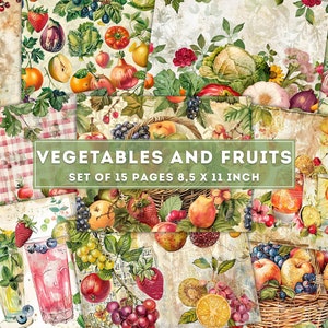 Papier collage légumes et fruits, kit de journal indésirable, papier coloré, éphémères numériques, vieux pages imprimables de scrapbooking, téléchargement numérique