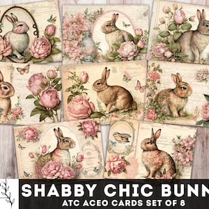 Cartes de lapin Shabby Chic Cartes ATC Aceo imprimables Cartes de Pâques 2,5 « x 3,5 », Fournitures de journal indésirable numérique, Éphémères de lapin, Téléchargement instantané