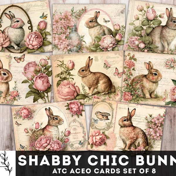 Shabby Chic Bunny Cards Printable ATC Aceo Cards 2.5” x 3.5” Easter Cards, Digital Junk Journal Supplies, Rabbit Ephemera, Instant Download