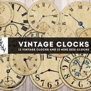 Orologi d'epoca, Forniture per diari di cianfrusaglie con quadrante di orologio, Confezione di effimeri, Diario d'epoca, Carte antiche, Carta per album, Etichette, Download immediato