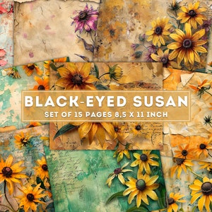 Black Eyed Susan Collage, Floral Junk Journal, Vintage Digital paper, Old Flowers Background, Blossom Printable Pages, Digital Download