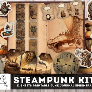 Steampunk Junk Journal Kit, Steampunk Printable Pages, Digital Steampunk, Clocks, Tickets, Fussy Cut, Envelopes & Pockets, Instant Download