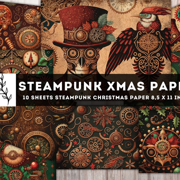 Steampunk Christmas Paper Pack, Xmas Printables, Steampunk Junk Journal, Old Scull Pages, Digital Paper, Collage Sheet, Instant Download