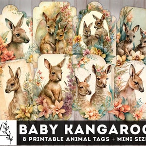 Baby Känguru Junk Journal Tags, Vintage Känguru Tag, digitale Journaling Etiketten, druckbare Einsätze, Shabby Chic Ephemera, Journal Zubehör