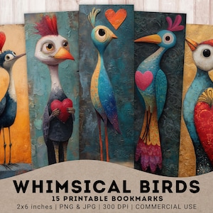 Whimsical Birds Bookmarks, 15 PNG + 3 JPG, Funny Bird, Quirky Bird, Printable Bookmarks, junk journal, Digital Bookmark, Instant download