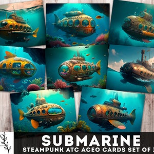 Cartões ATC Aceo imprimíveis do submarino Steampunk 2,5 "x 3,5" Sea Junk Journal, cartões digitais, Steampunk Ephemera, download instantâneo