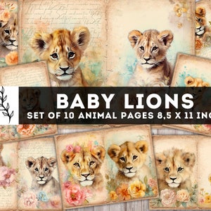 Baby Lions Junk Journal Kit, Vintage young Lion Paper, Digital Journaling Pages, Shabby Chic Animal Pages, Junk journal supplies, Download